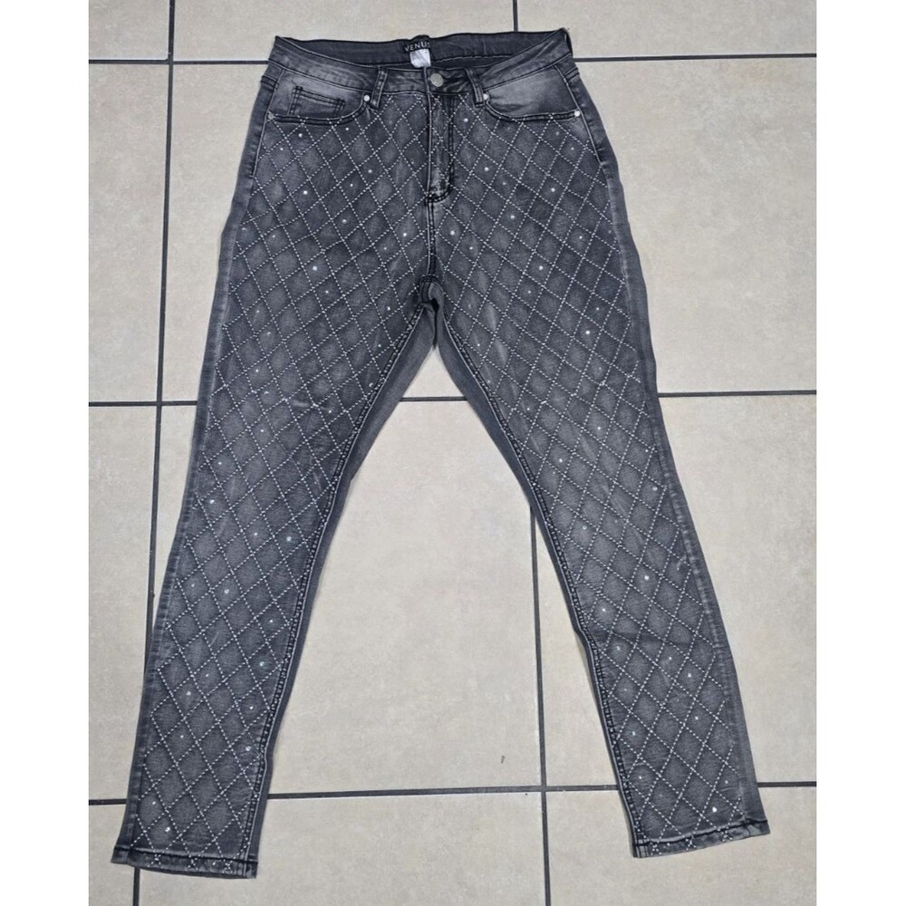 Venus Women Gray Denim Jeans Size 14 Rhinestone Quilted Diamond Pattern